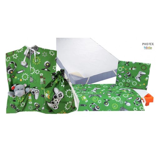 Gamer zöld 4 részes ovis kezdőcsomag (597/Z) (2 részes töltet nélküli ágynemű szett, ovis zsák, tornazsák, vízhatlan matracvédő lepedő) + ajándék ovis törölköző