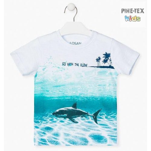 Losan fiú fehér, rövid ujjú póló, nyomott cápa mintával (015-1017AL)